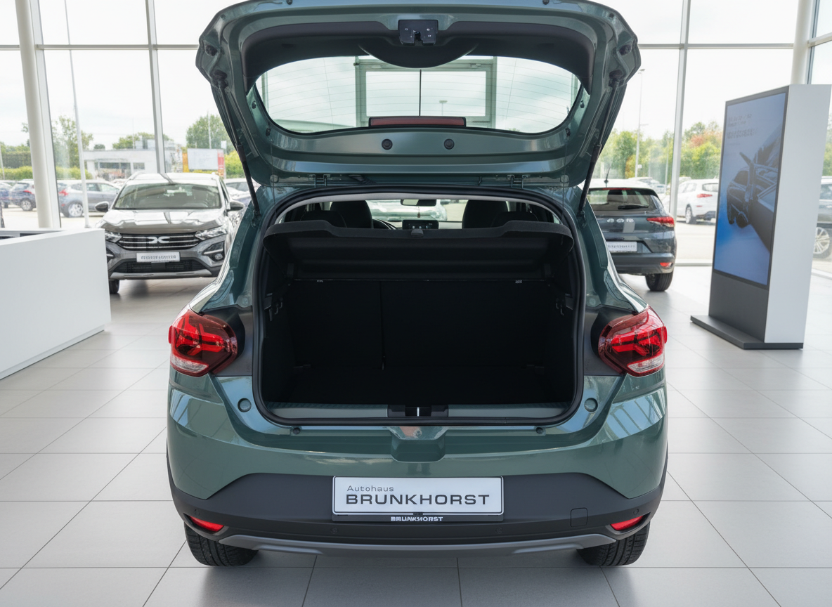 Grüner Renault Sandero Stepway Kofferraum geöffnet im Autohaus Brunkhorst