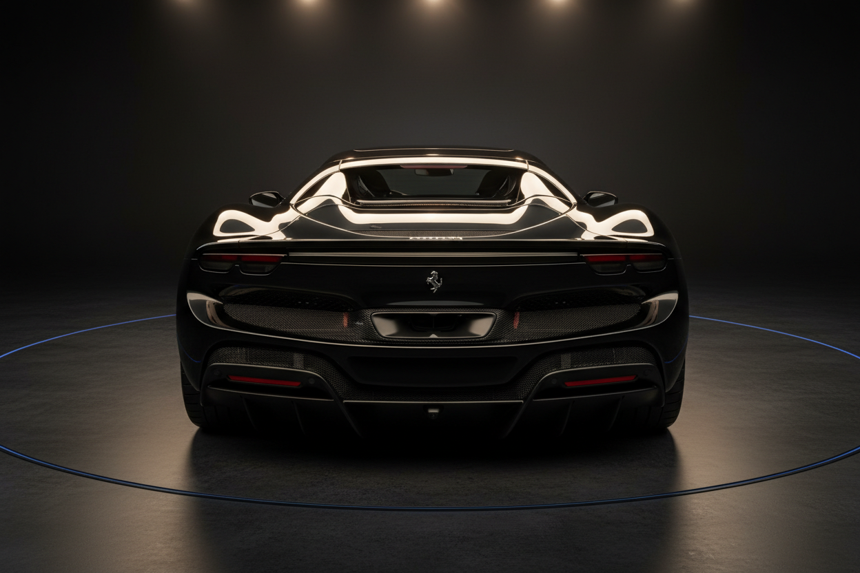 Schwarzer Ferrari SP38 Heckansicht in dunklem Fotostudio