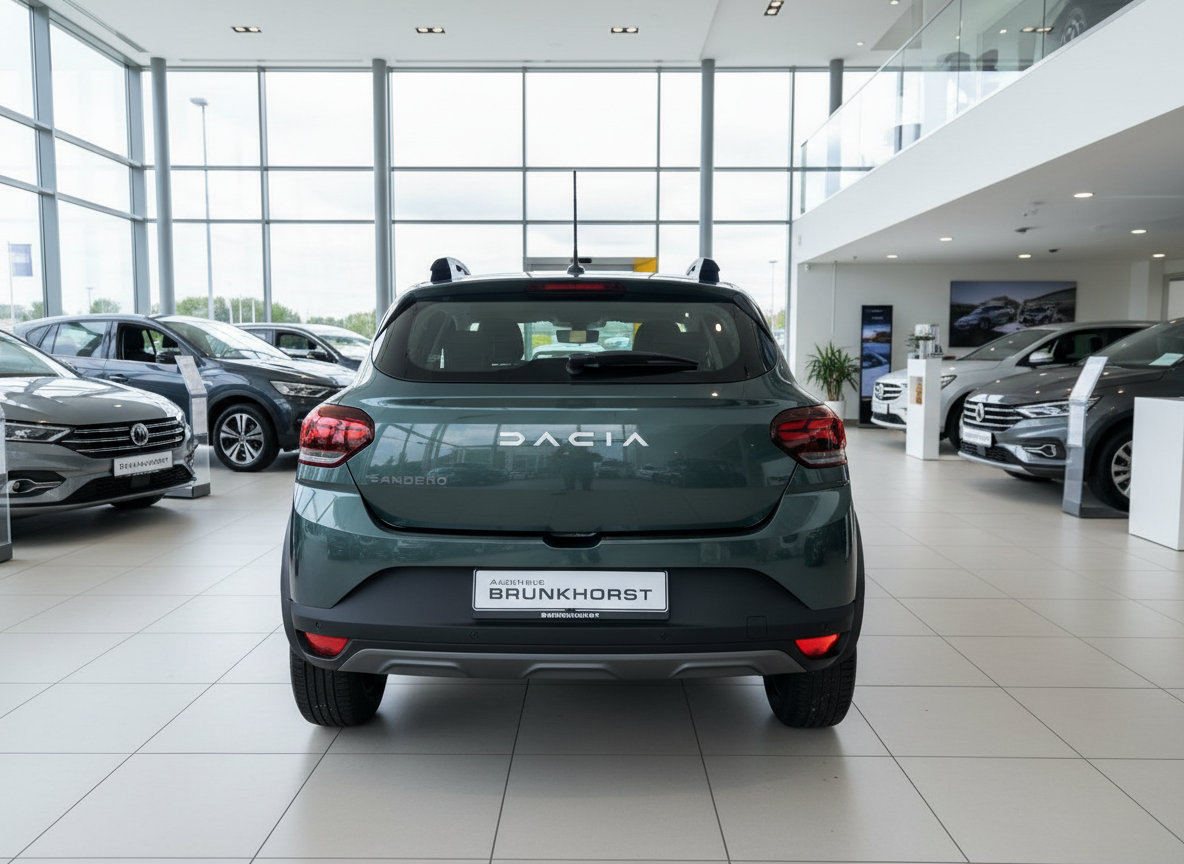 Dacia Sandero Stepway in Dunkelgrün von hinten im Autohaus Brunkhorst