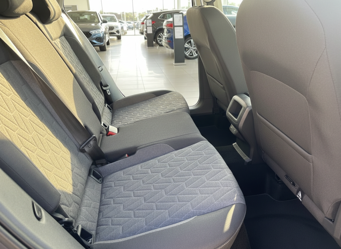 Fahrzeug Innenraum Rücksitzbank mit grauem Stoffbezug und geometrischem Muster im Autohaus