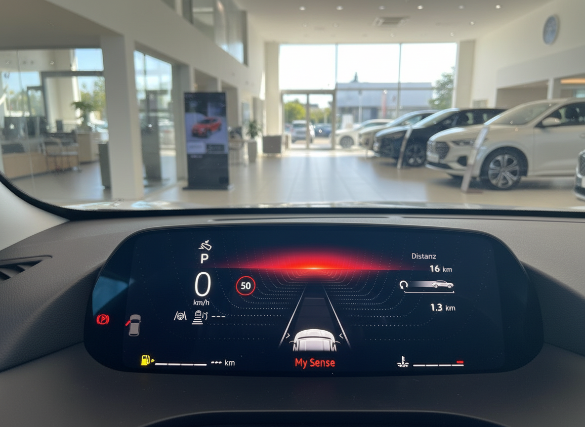 Volkswagen Fahrzeug Cockpit mit digitalem Kombiinstrument im Autohaus