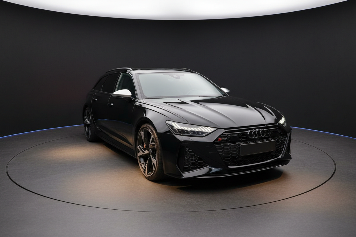 Schwarzer Audi RS6 Avant in professionellem Fotostudio, Frontansicht schräg