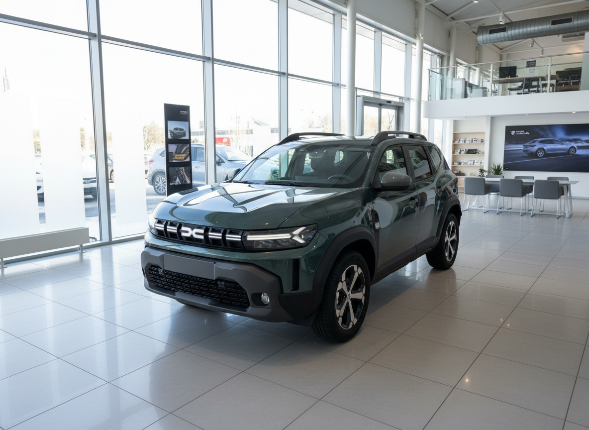 Dacia Duster SUV in Dunkelgrün im Autohaus Showroom – Frontansicht schräg