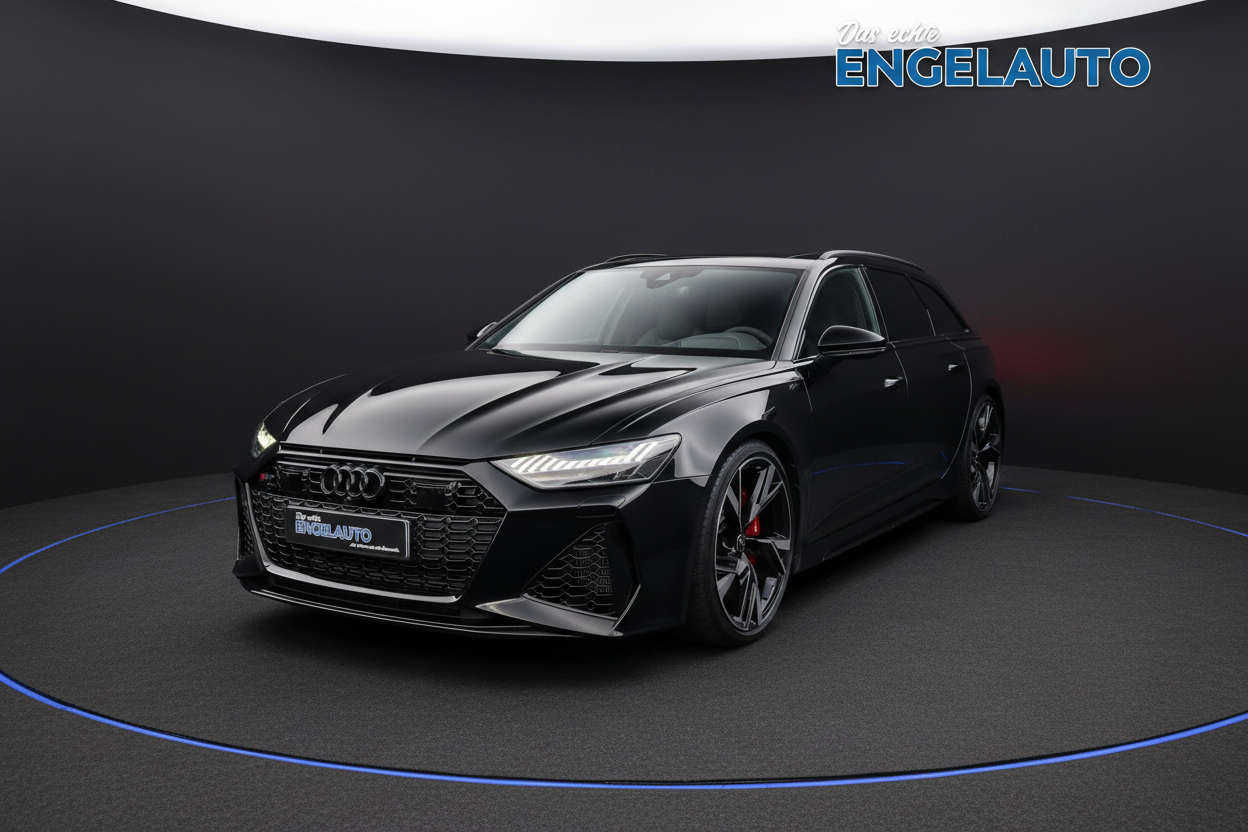 Schwarzer Audi RS6 Avant Quattro Kombi mit aggressivem Frontdesign, LED-Scheinwerfern und schwarzen Felgen im Showroom bei Engelauto Händler