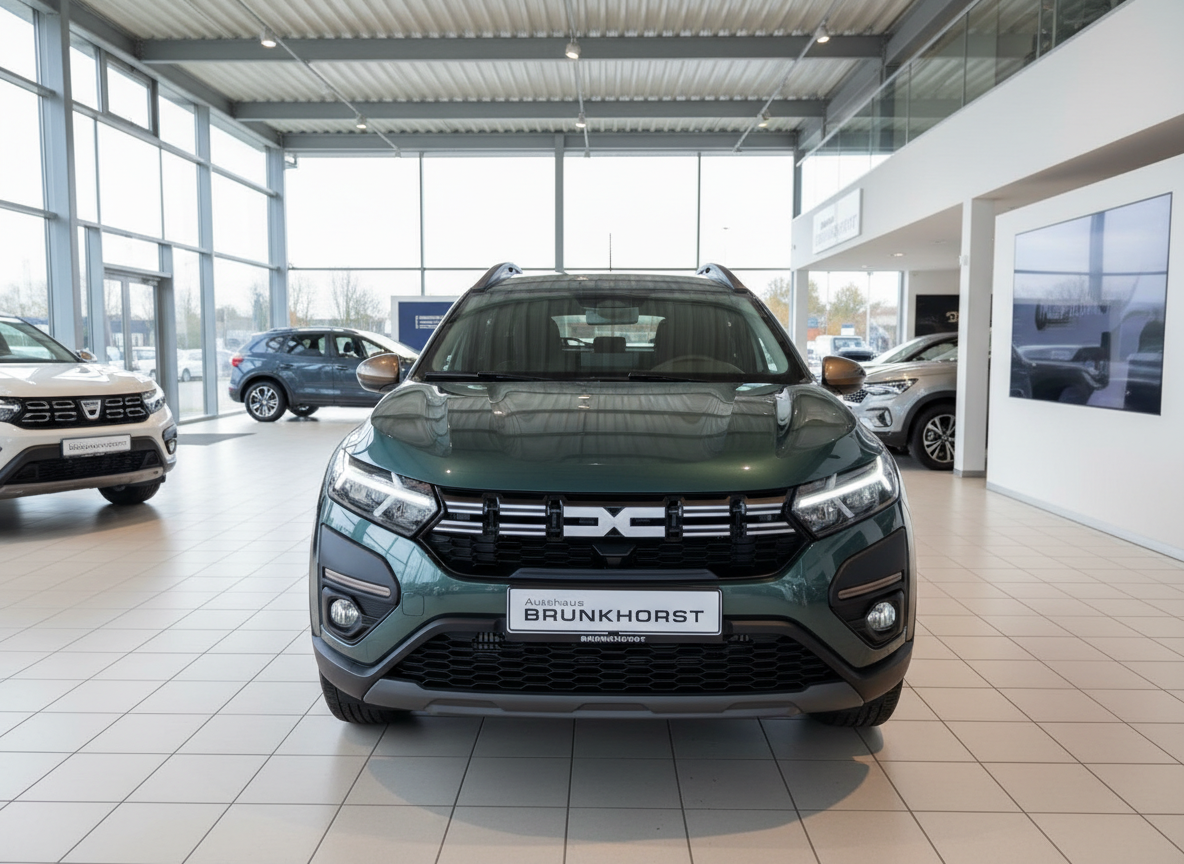 Dacia Jogger Frontansicht in Dunkelgrün im Autohaus Brunkhorst Showroom