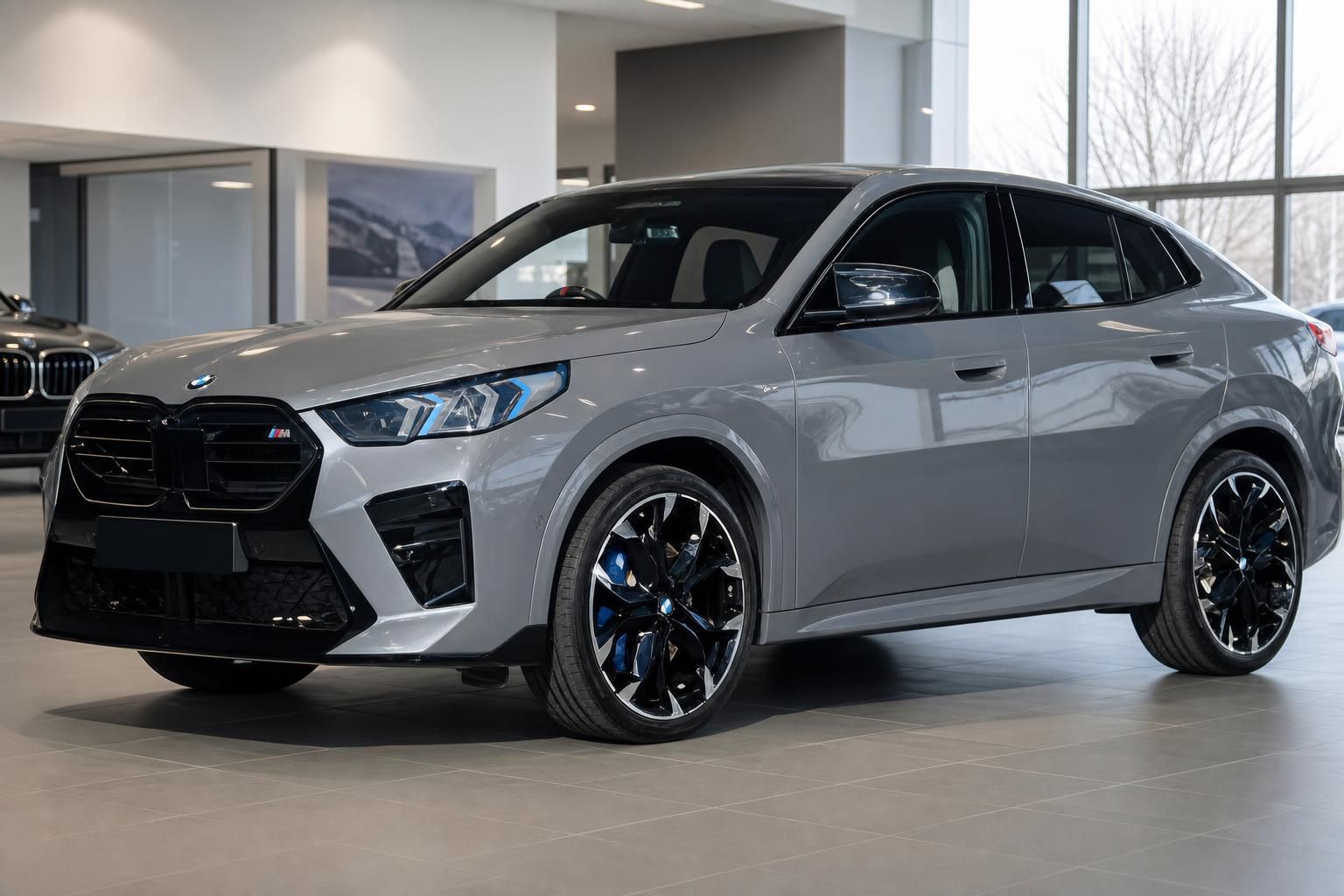 BMW X2 M in Grau, Frontansicht schräg im Showroom