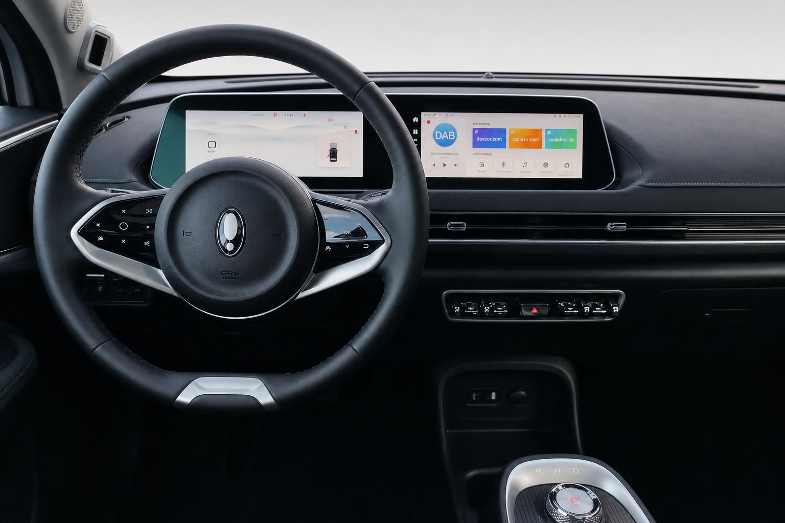 Fahrzeug Cockpit mit Lenkrad, digitalem Tacho und großem Infotainment-Touchscreen