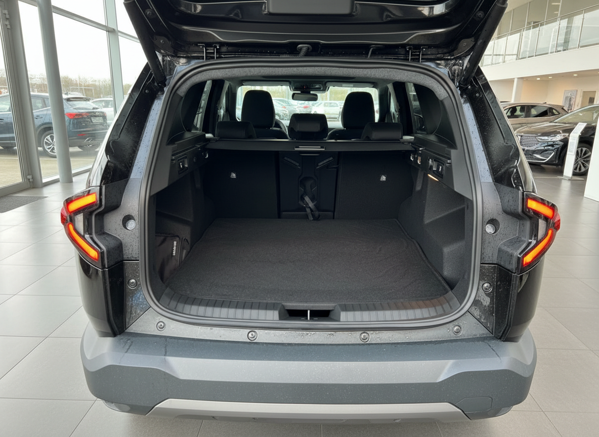 Kofferraum eines dunklen SUV mit geöffneter Heckklappe im Autohaus-Showroom