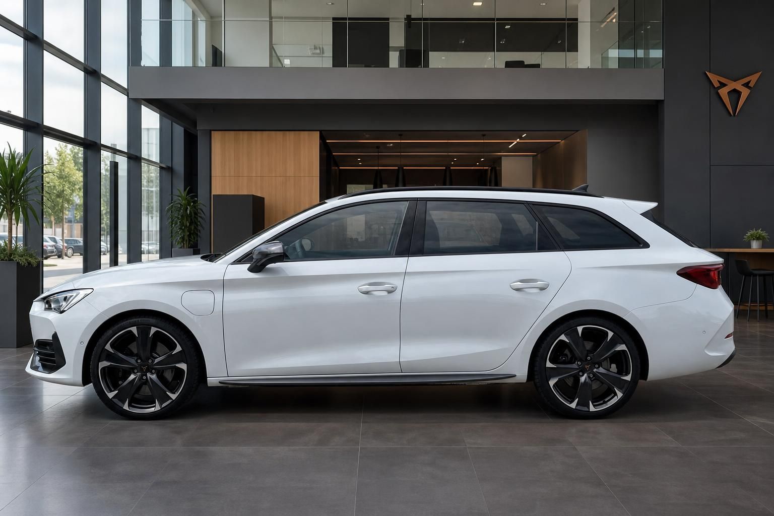 Cupra Leon Kombi weiß Seitenansicht im Autohaus