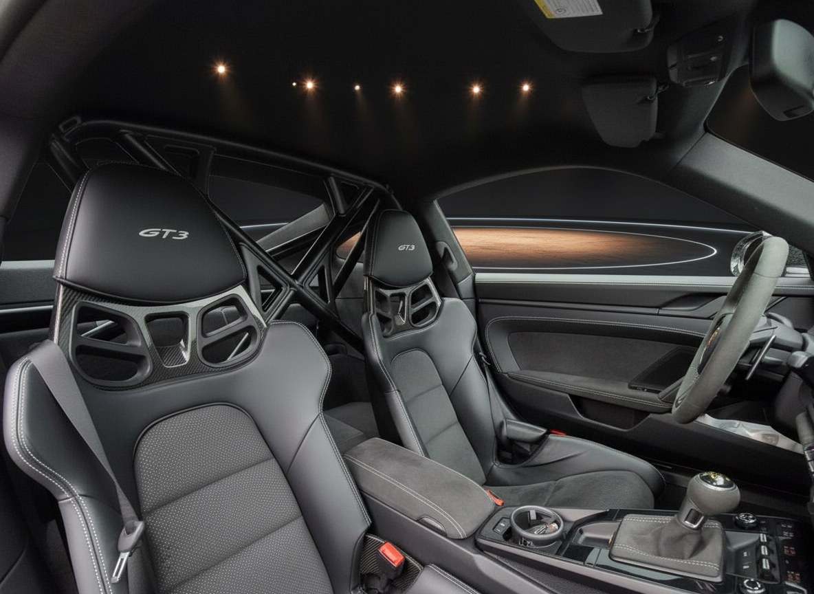 Porsche 911 GT3 Innenraum mit Sportsitzen, Überrollkäfig und Schaltgetriebe