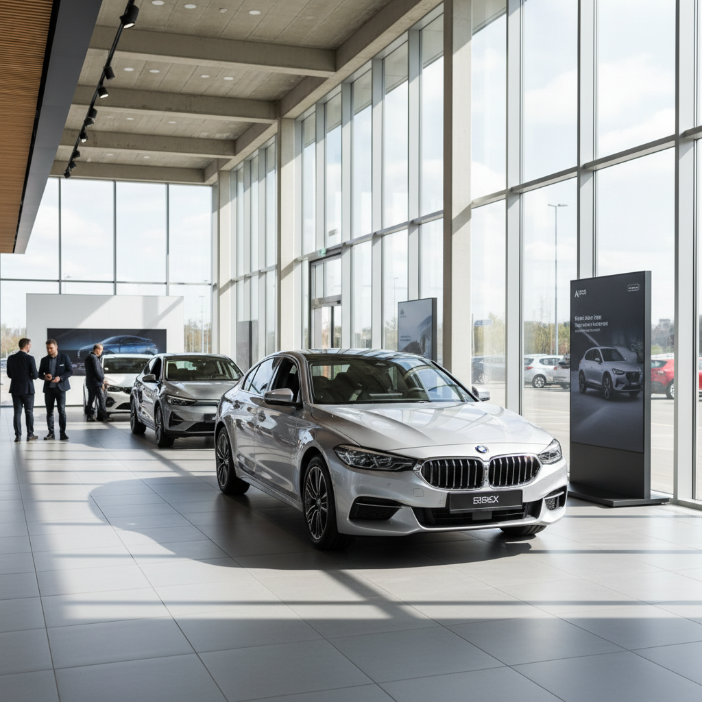 Silberner BMW 5er Limousine im modernen Autohaus Showroom mit Glasfront