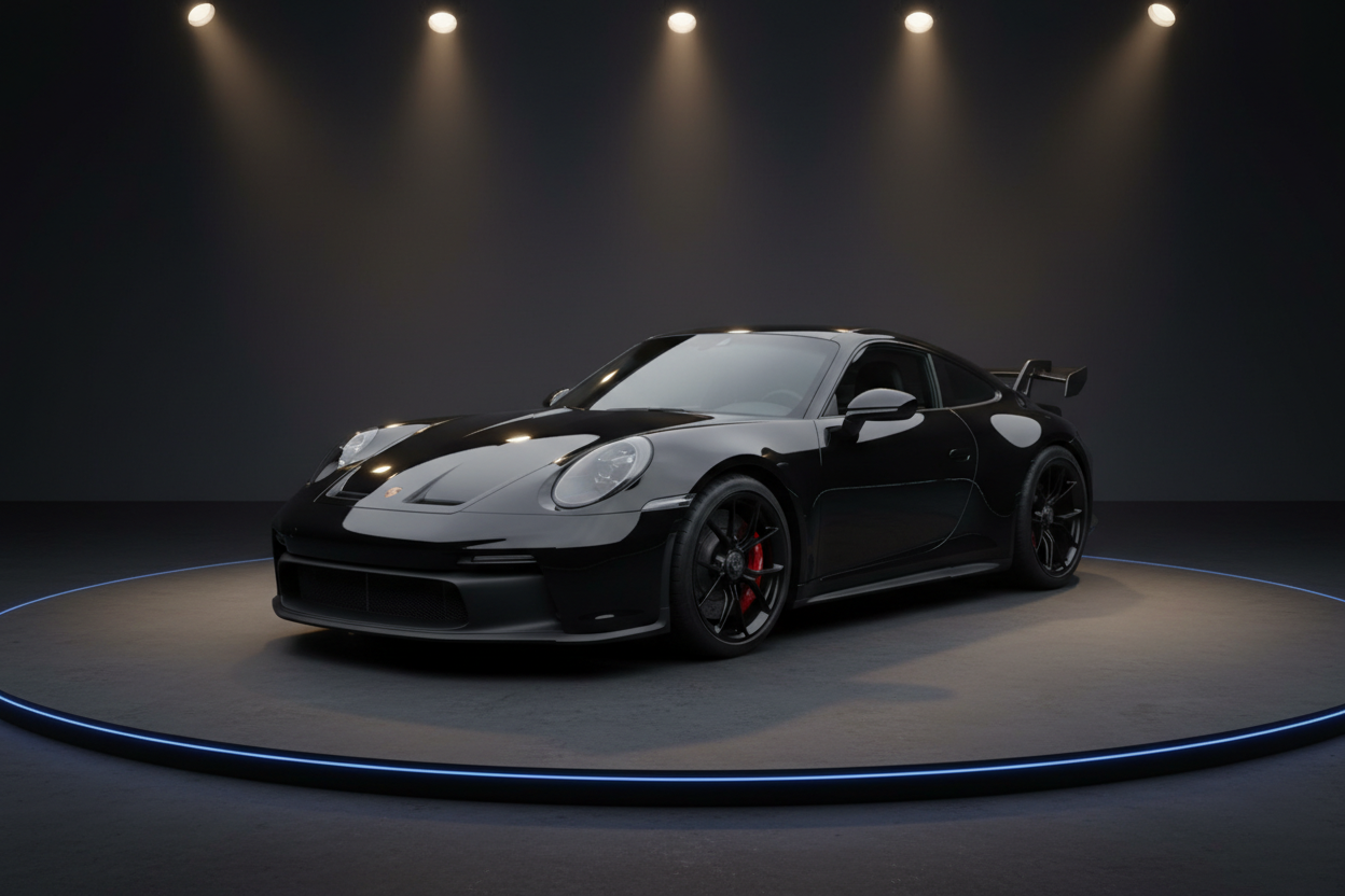 Schwarzer Porsche 911 GT3 auf rundem Podest in dunklem Showroom mit Spotlights, seitliche Frontansicht mit roten Bremssätteln und schwarzen Felgen