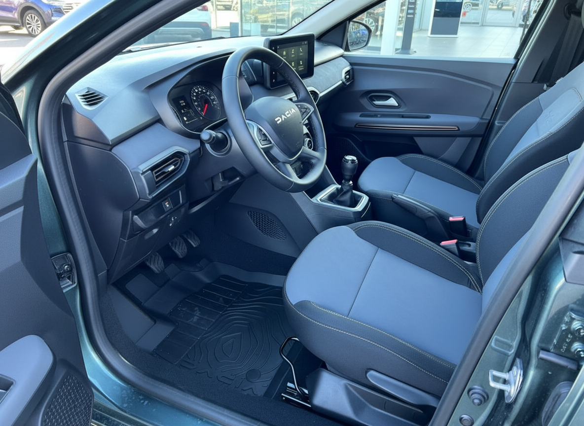 Dacia Innenraum Fahrerseite mit Lenkrad, Armaturenbrett und Stoffsitzen in Dunkelgrau