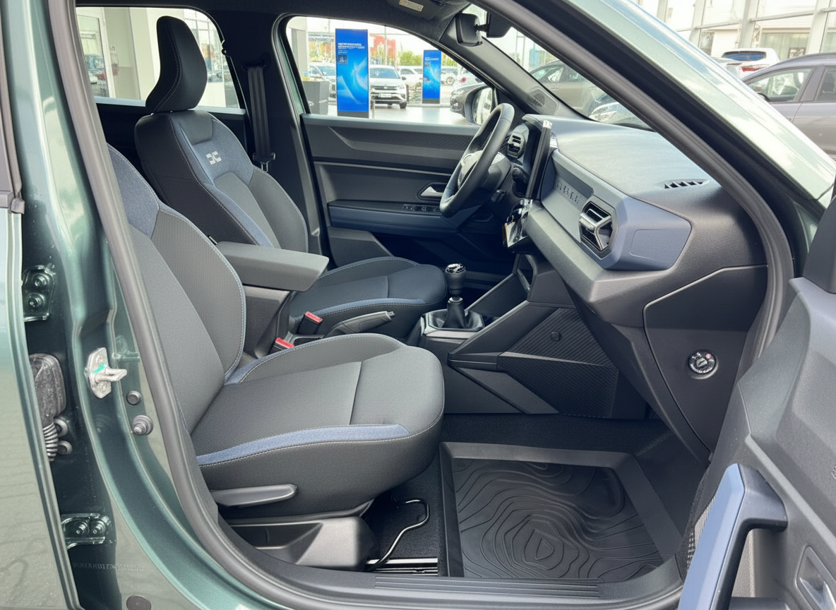 Dacia Duster Innenraum Fahrerseite mit schwarzen Stoftsitzen und Schaltgetriebe