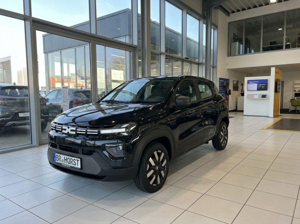 Schwarzer Dacia Spring Elektro im Autohaus Showroom – Frontansicht