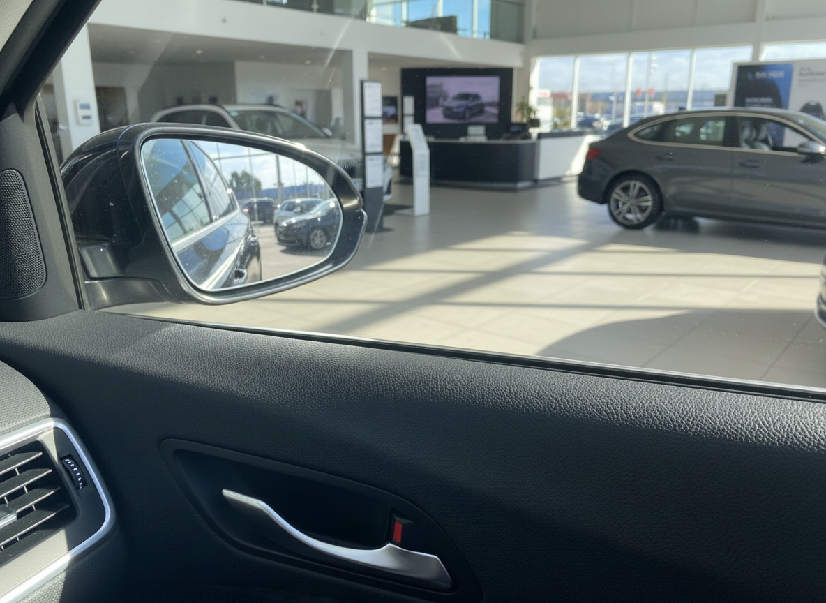 Fahrzeuginnenraum mit Seitenspiegel im Autohaus-Showroom