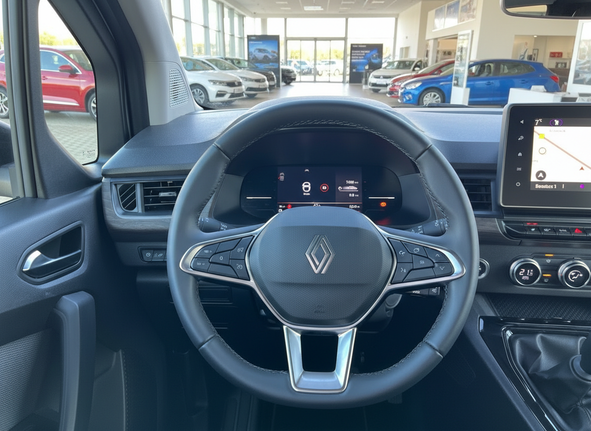 Renault Innenraum mit Lenkrad, Digitaltacho und Navigationssystem im Autohaus
