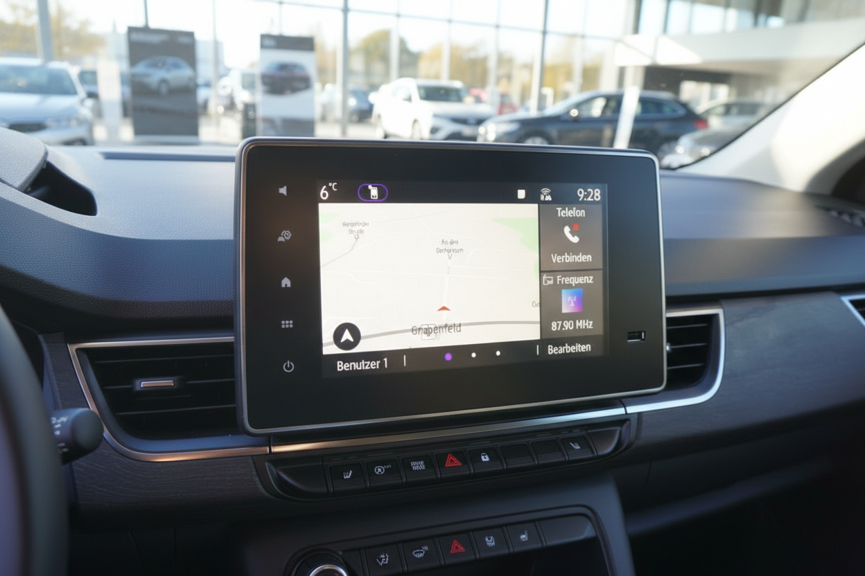 Opel Infotainment-Display mit Navigationskarte, Telefon und Radio 87.90 MHz im Fahrzeuginnenraum