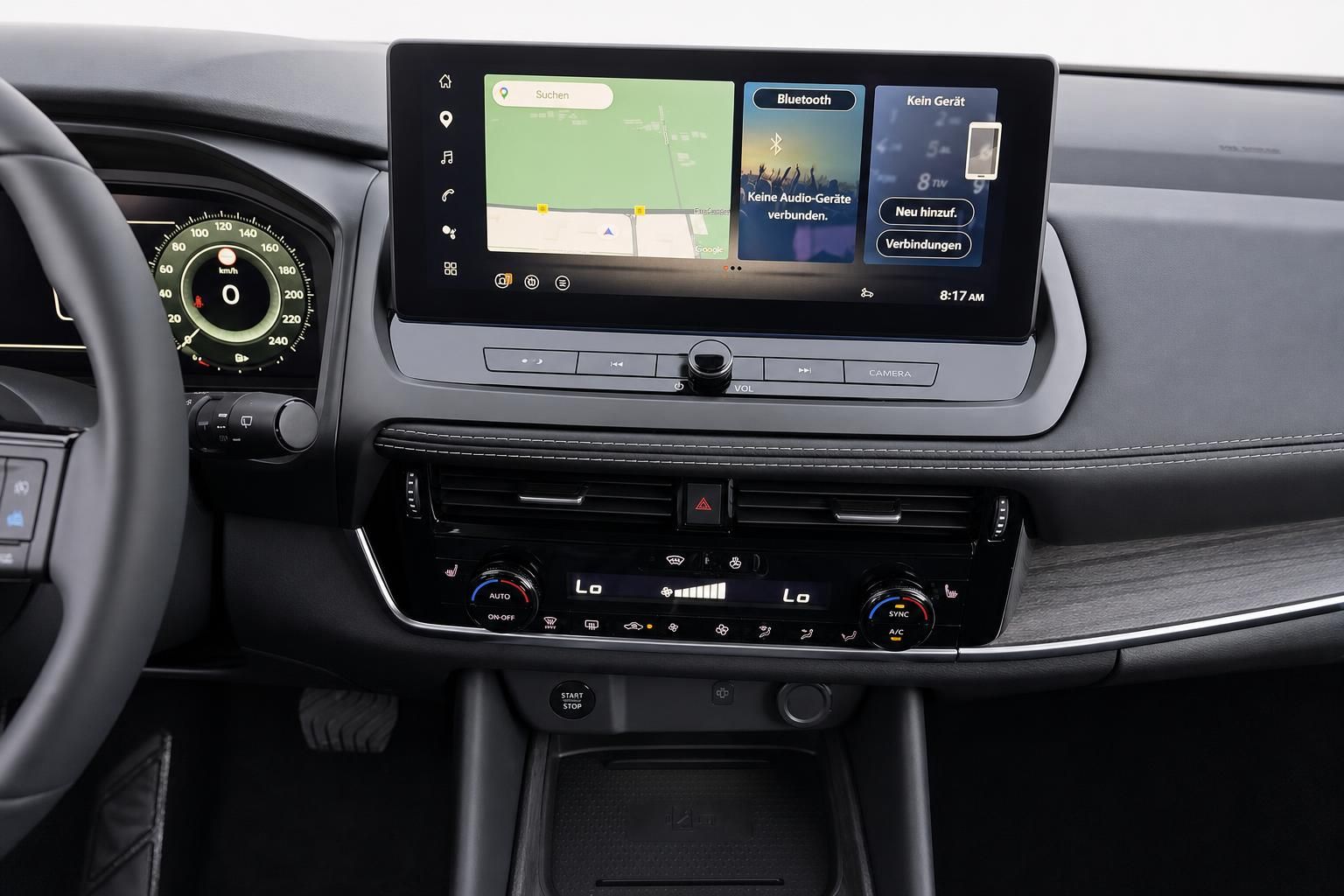 Infotainment-Display mit Navigation und Bluetooth-Menü im Fahrzeugcockpit