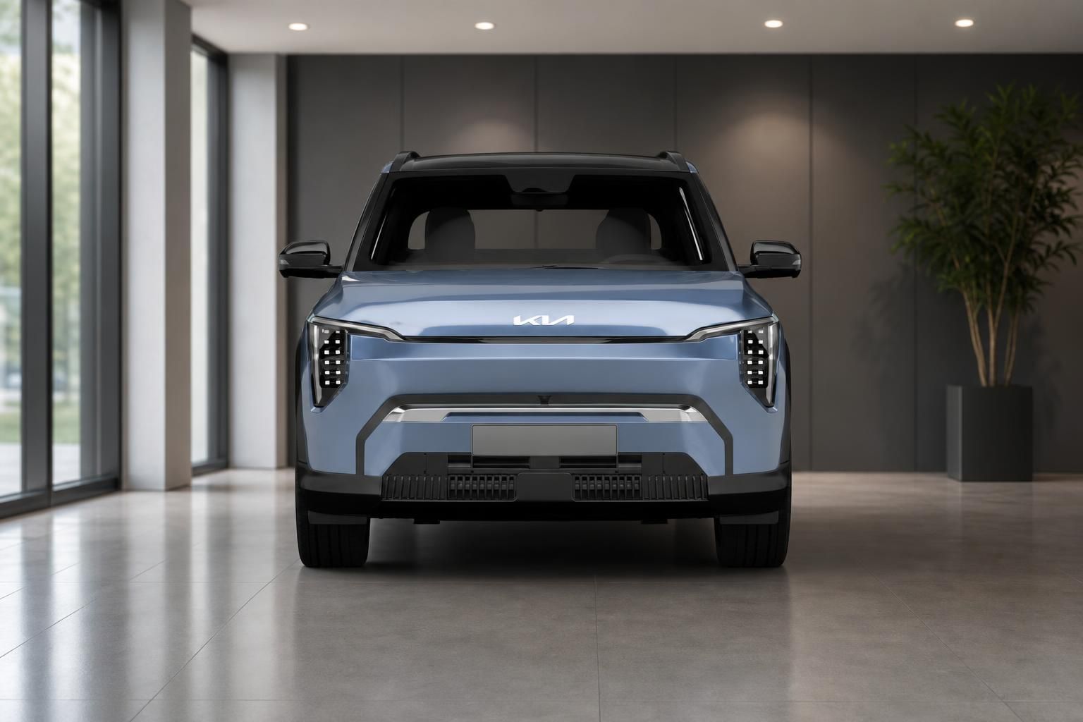 Kia EV3 in Blau, Frontansicht im modernen Showroom