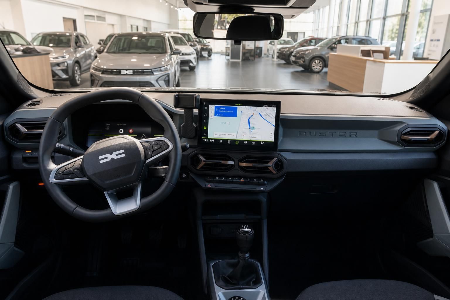 Dacia Duster Cockpit mit Navigationssystem, Lenkrad und Armaturenbrett in modernem Design