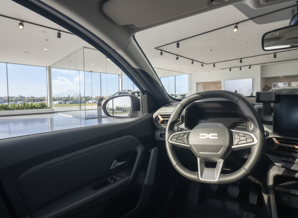 Dacia Innenraum mit Lenkrad und modernem Cockpit im Autohaus Showroom
