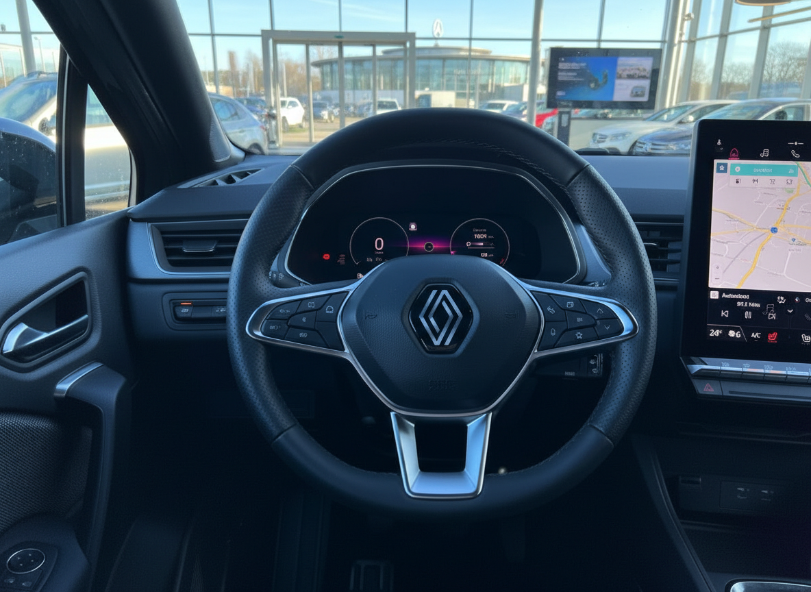 Renault Innenraum mit Lederlenkrad, digitalem Cockpit und Navigationssystem