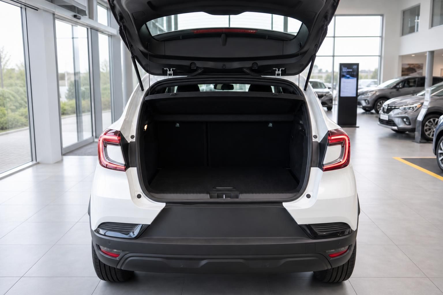 Geöffneter Kofferraum eines weißen SUVs mit Blick auf den Laderaum im Autohaus-Showroom