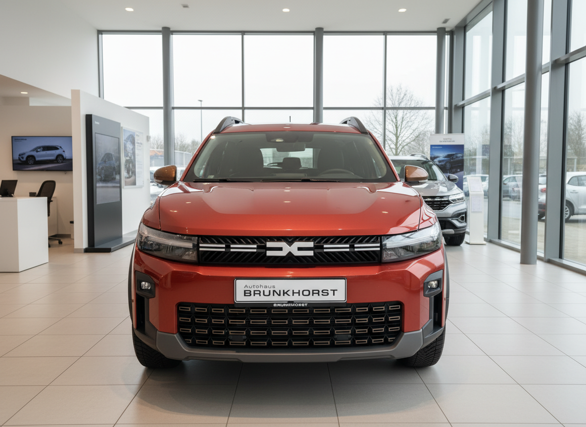 Dacia Duster SUV in Rot Frontansicht im Autohaus Brunkhorst Showroom