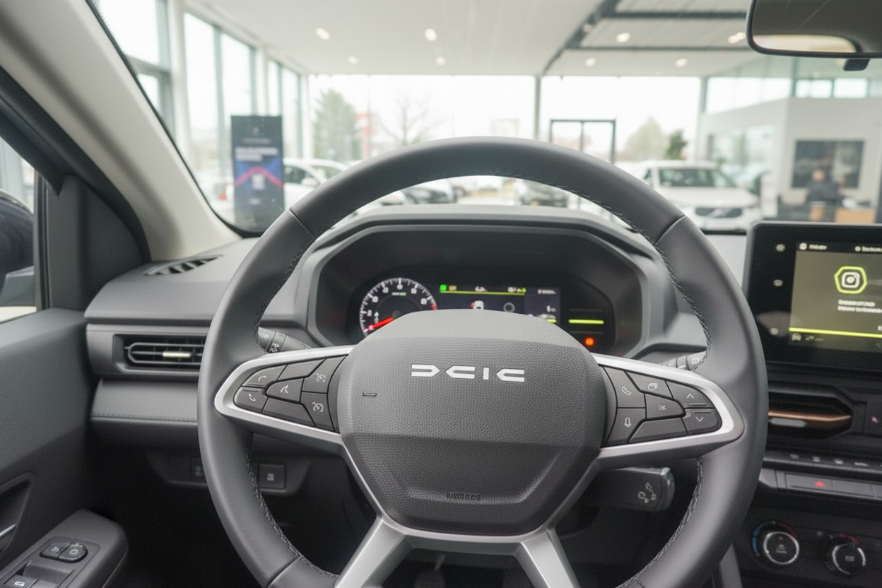Dacia Innenraum mit Lenkrad und digitalem Cockpit im Autohaus