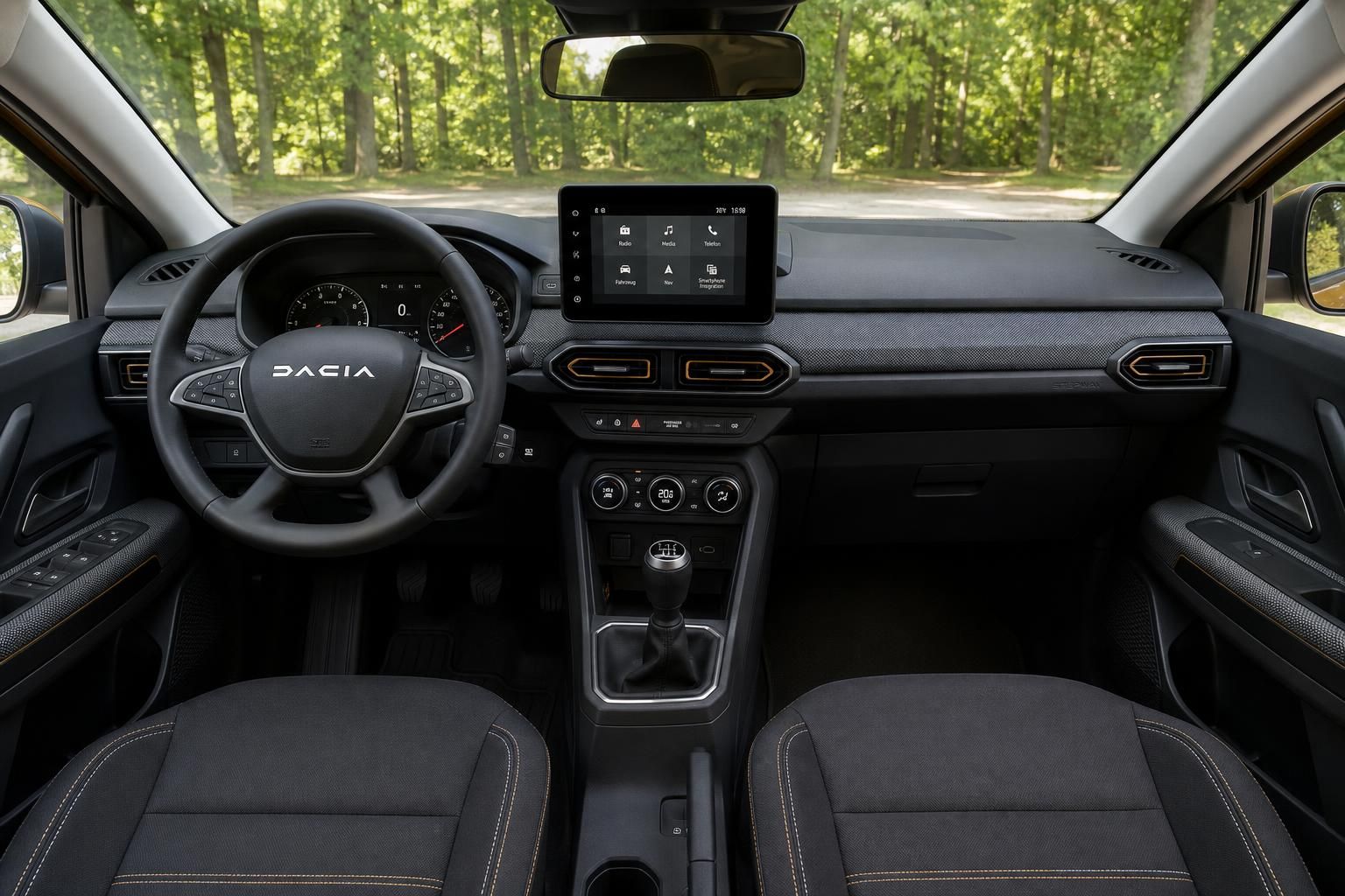 Dacia Fahrzeug-Innenraum mit Lenkrad, Armaturenbrett und zentralem Touchscreen-Display
