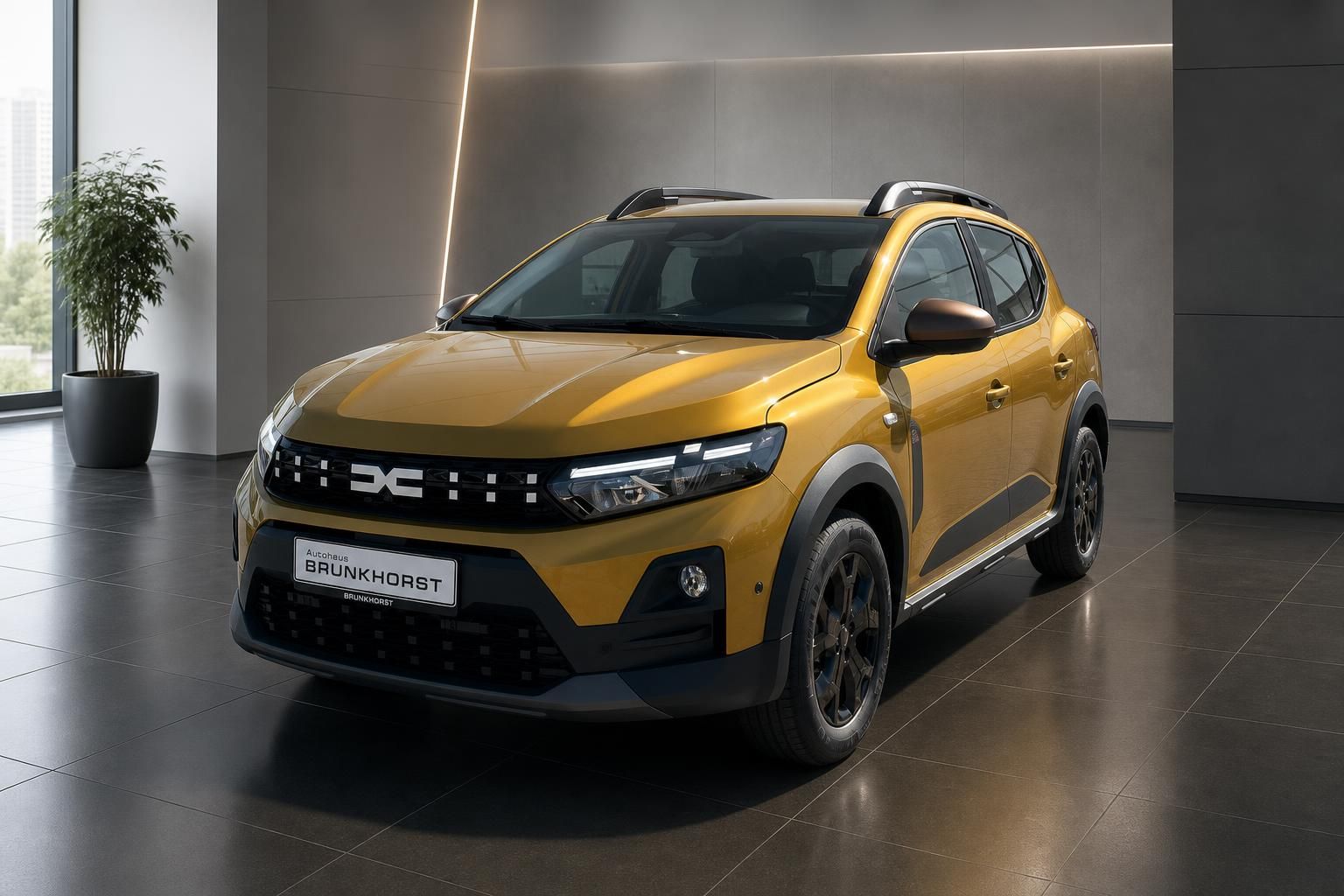 Gelber Dacia Sandero SUV Schrägansicht vorne im Autohaus Brünkhorst Showroom