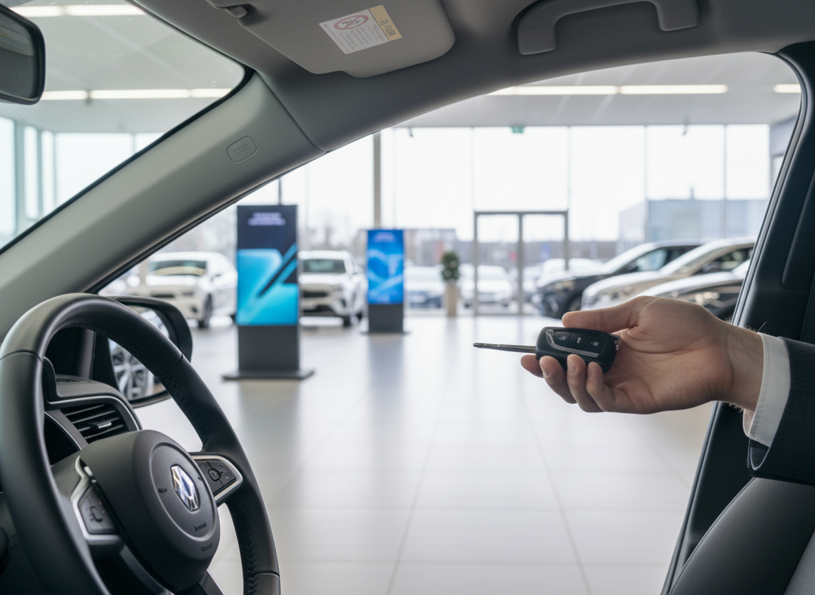 VW Innenraum im Autohaus – Hand hält Fahrzeugschlüssel, Blick auf Lenkrad und Showroom