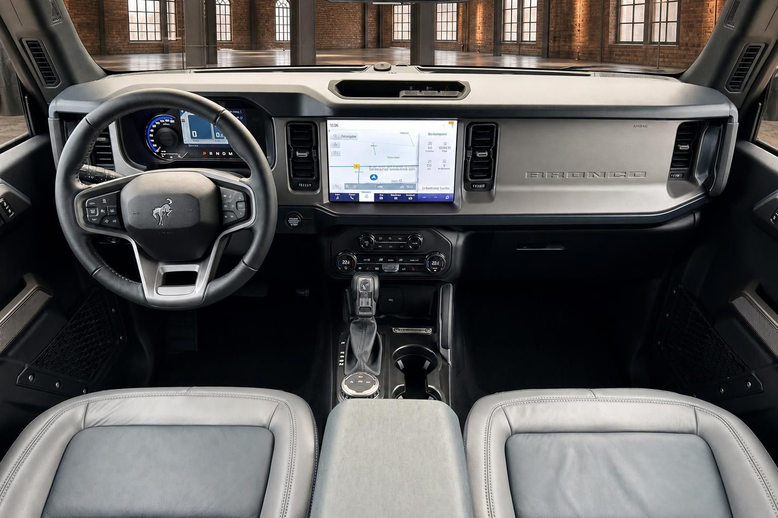 Ford Bronco Cockpit Frontansicht mit Lenkrad Armaturenbrett und Ledersitzen