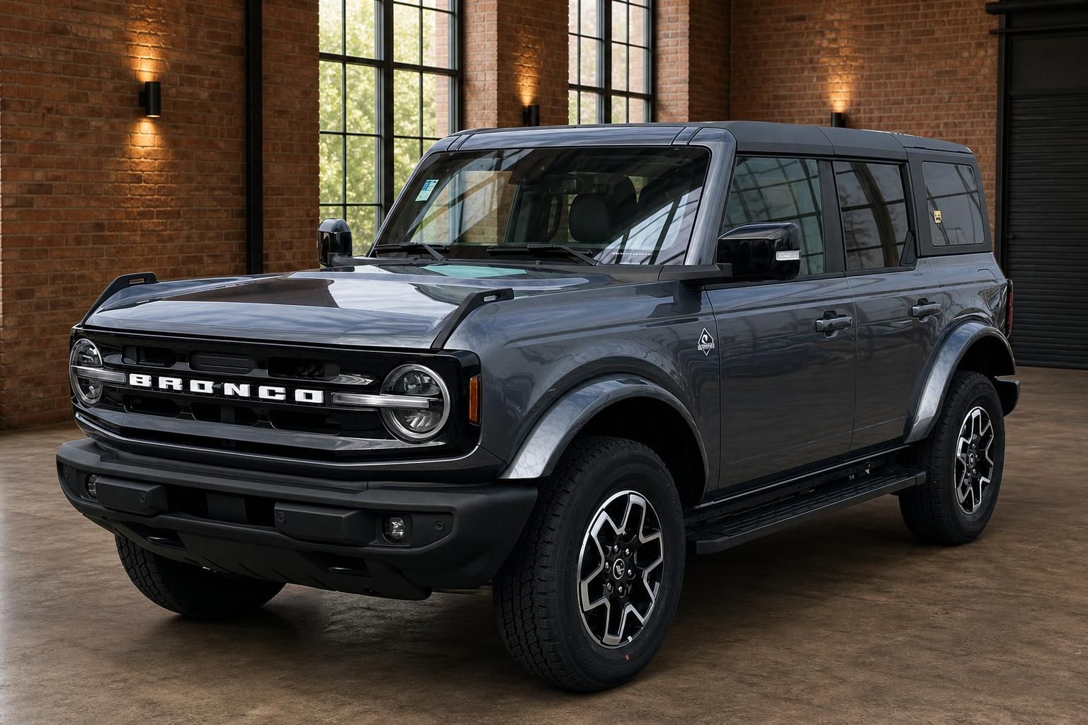 Ford Bronco dunkelgrau, Frontansicht in Loft mit Backsteinwand
