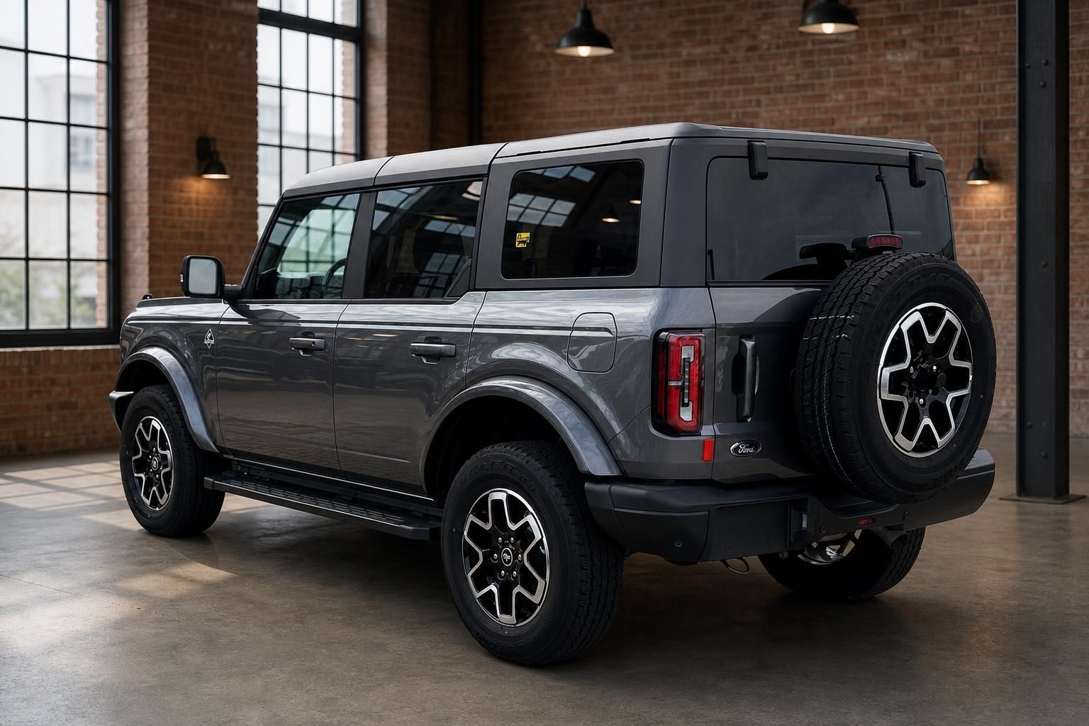 Ford Bronco grau, Heckansicht seitlich in modernem Showroom