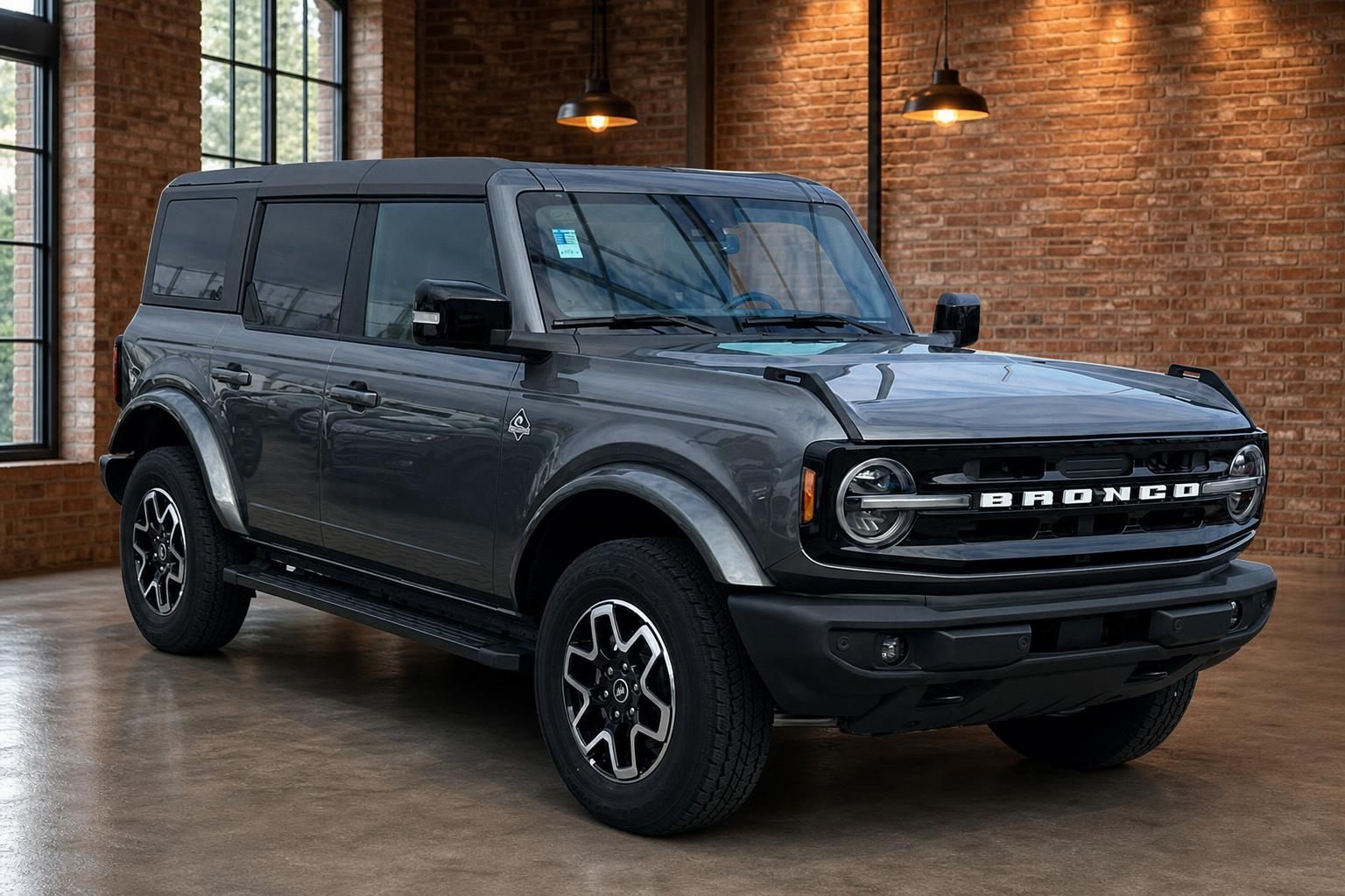 Ford Bronco grau, Frontansicht in Showroom mit Backsteinwand