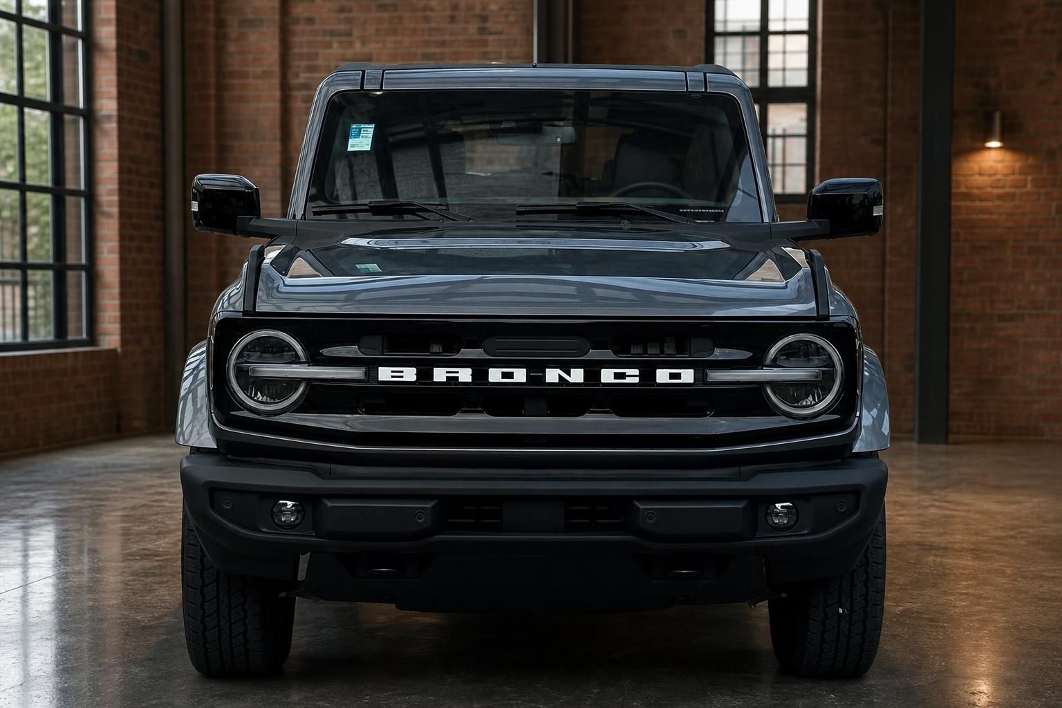 Ford Bronco schwarz, Frontansicht mit Kuehlergrill und Rundscheinwerfern