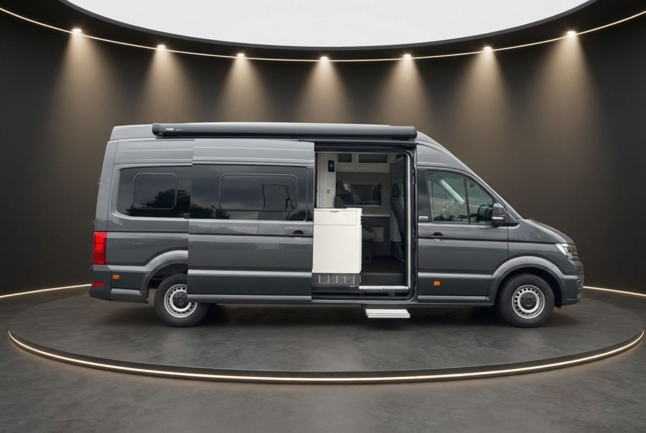 Grauer VW Crafter Campervan mit geöffneter Schiebetür und Küchenmodul im Showroom