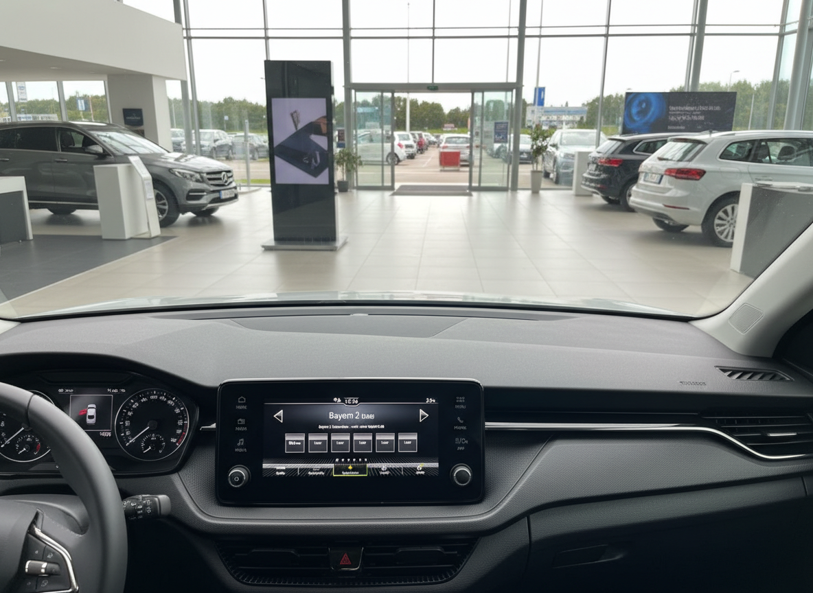 Škoda Innenraum mit Infotainment-Display im Autohaus – Cockpit-Ansicht vom Fahrersitz