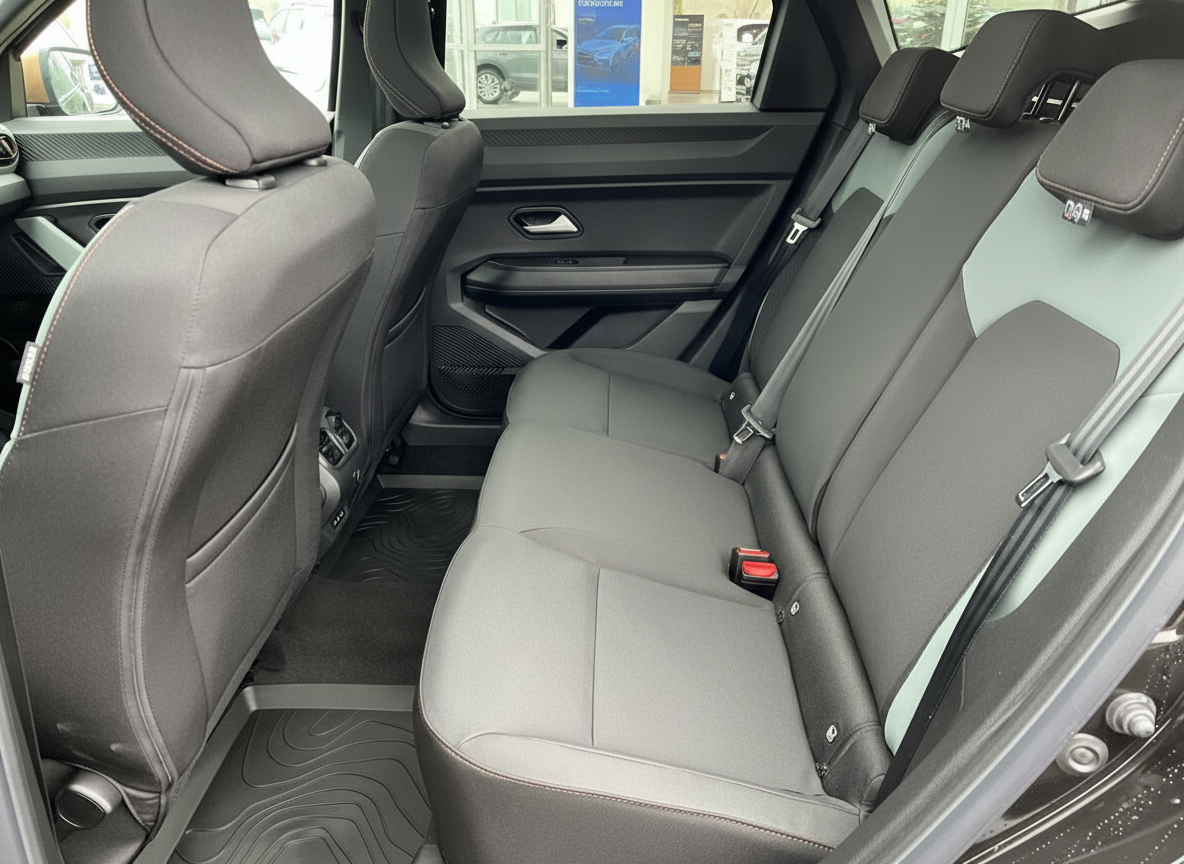 Geräumiger Fond-Bereich eines SUV mit schwarzen Stoffsitzen und Sicherheitsgurten