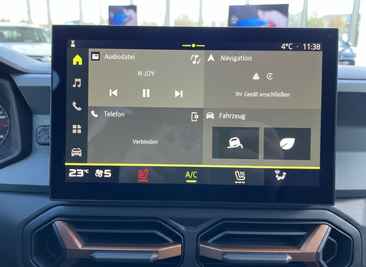 Dacia Infotainment-Display Innenraum mit Audiodatei, Navigation, Telefon und Fahrzeugmenü