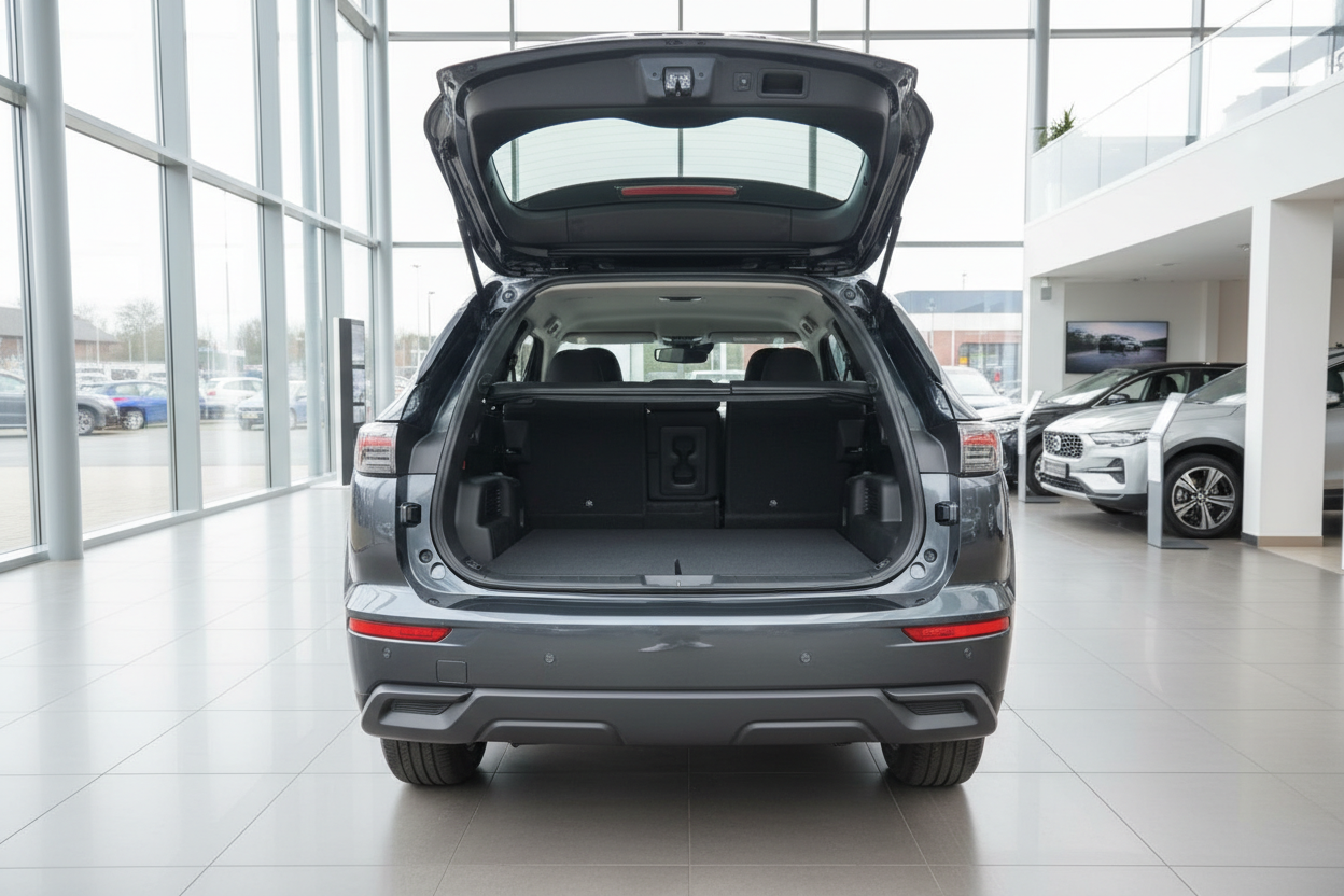 Grauer SUV mit geöffneter Heckklappe und großem Laderaum im Autohaus