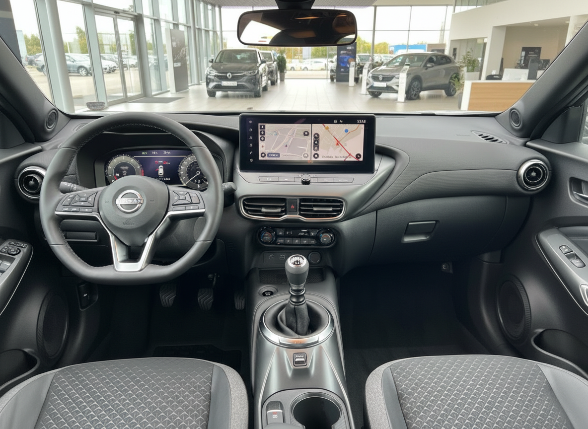Nissan Qashqai Innenraum Cockpit mit Navigationssystem und Schaltgetriebe im Autohaus