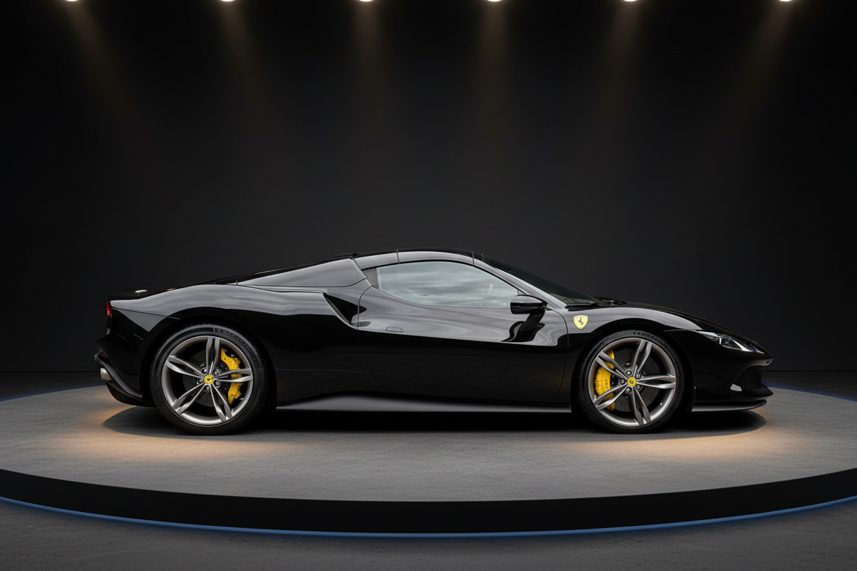 Schwarzer Ferrari 296 GTB Sportwagen in Seitenansicht auf dunklem Showroom-Podest mit gelben Bremssätteln und silbernen Felgen unter Studiobeleuchtung