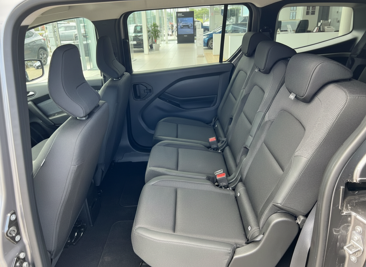 Fahrzeug Innenraum Rücksitzbank mit schwarzen Stoffsitzen und Sicherheitsgurten im Autohaus