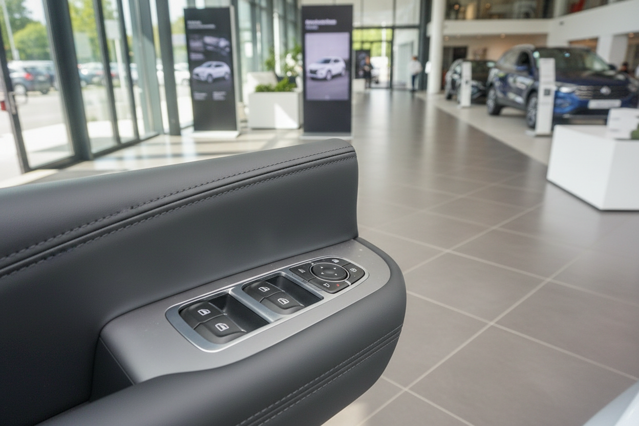 Fahrzeuginnenraum Fahrertür mit Fensterheber und Spiegelverstellung im Autohaus