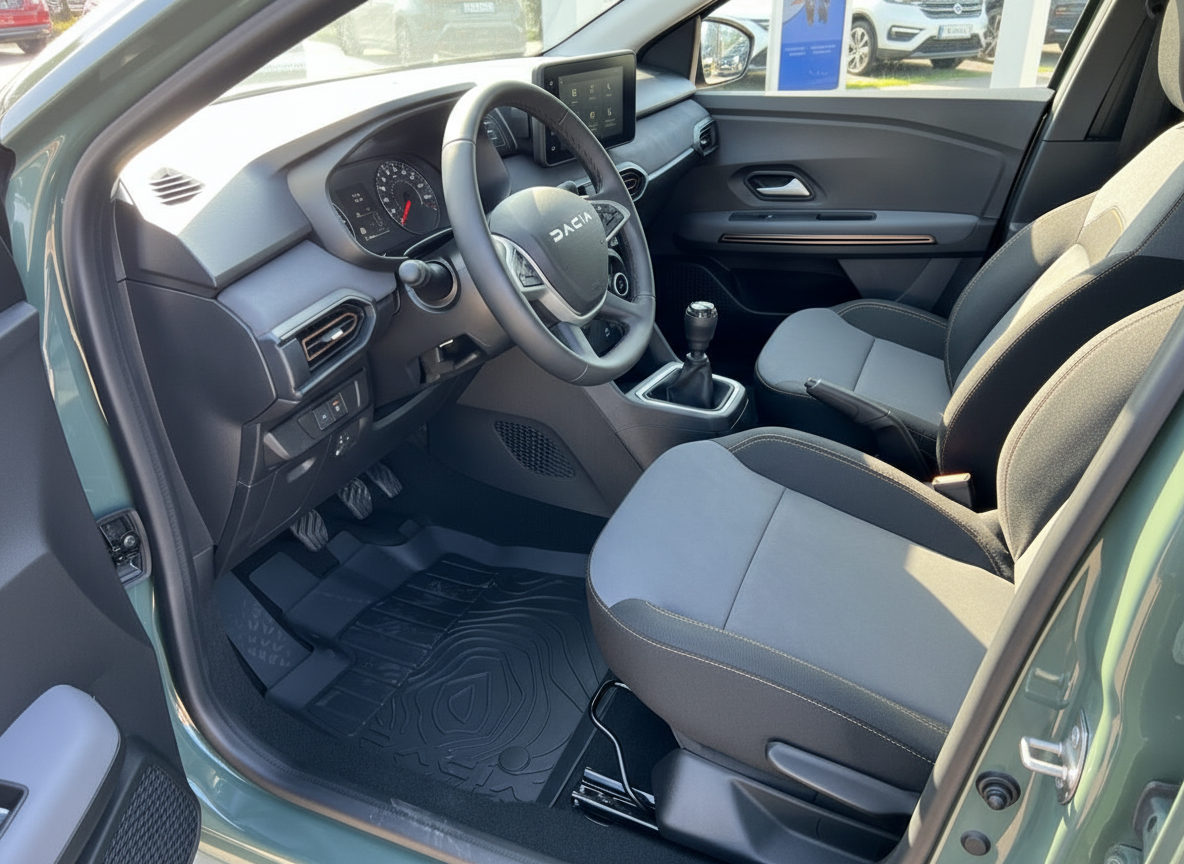 Dacia Innenraum mit Lenkrad, Schaltgetriebe und schwarzen Stoffsitzen – Fahrerbereich