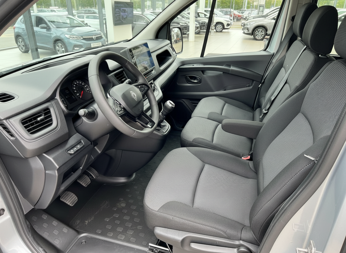 Renault Trafic Innenraum Fahrerseite mit Lenkrad, Touchscreen und grauen Stoffsitzen
