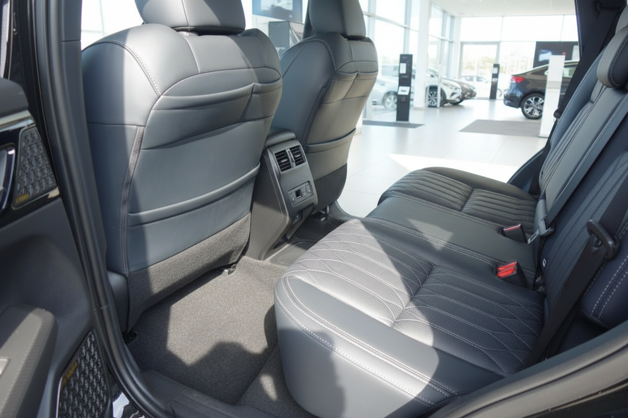 Luxuriöser Fahrzeuginnenraum mit schwarzen Ledersitzen und Klimaanlage im Fond